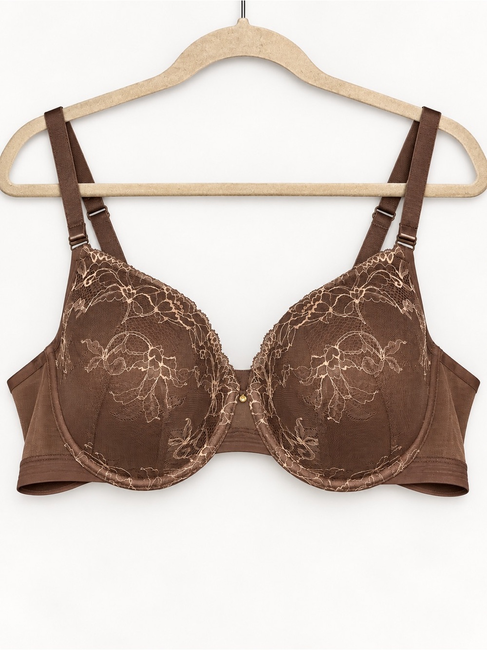 Cacique Lace Underwire Bra 44B Brown Taupe Gold Embroidery EUC